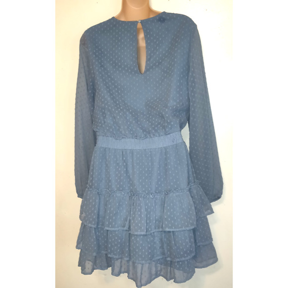 Express Blue Mini Dress SMALL Tiered Ruffles Swiss Squares Sheer Lined Keyhole - Picture 8 of 16